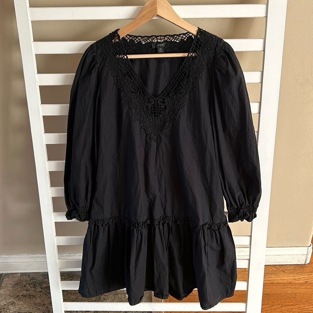 J.Crew Womens V-Neck Mini Dress Eyelet Trim Black Size XS